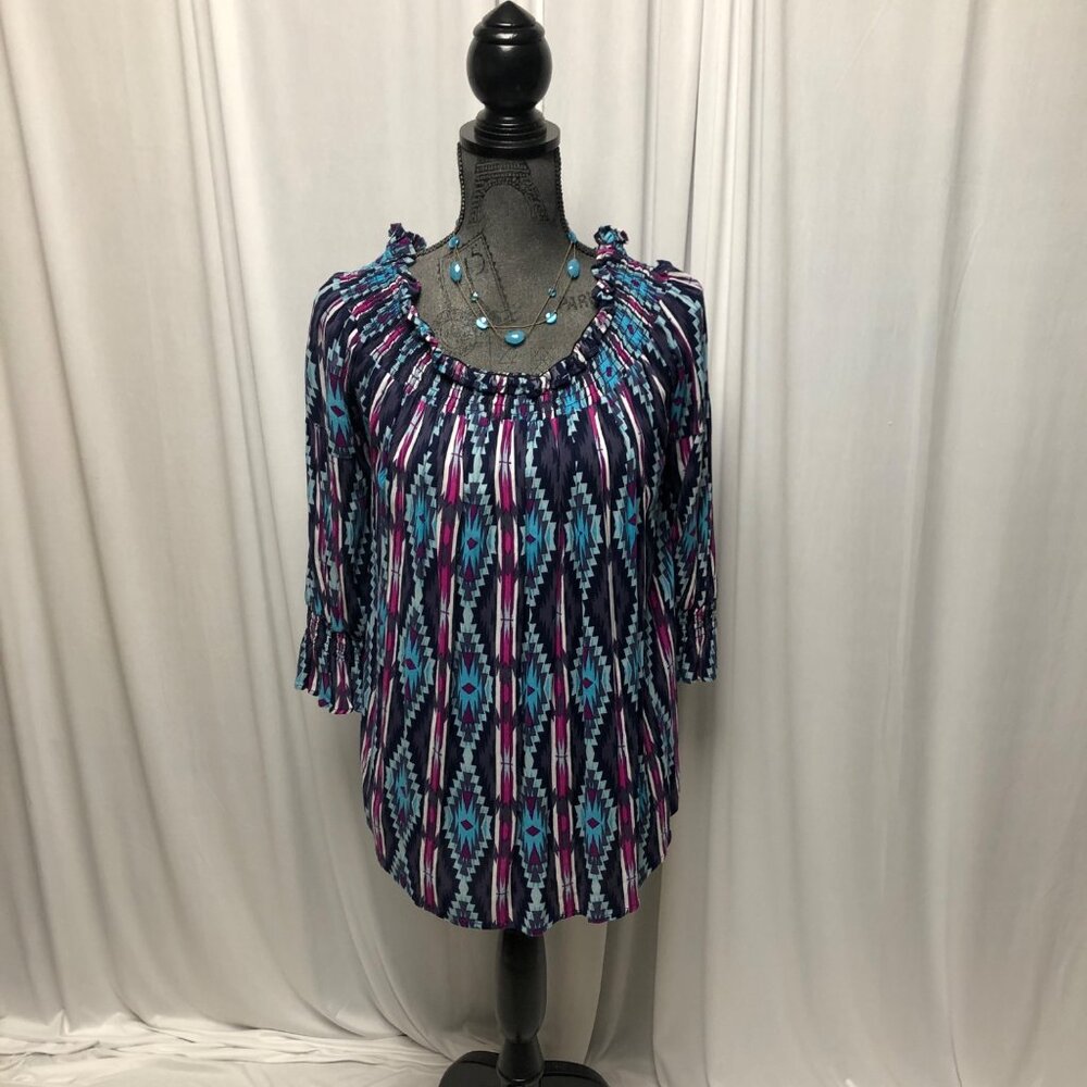 Rock and Roll Cowgirl Top Womens Sz Small Blue Fuchsia Blouse Aztec Western NEW